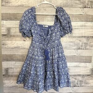 ZARA Printed Short Blue A-Line Boho Tiered Dress Puff Sleeves Festival Small